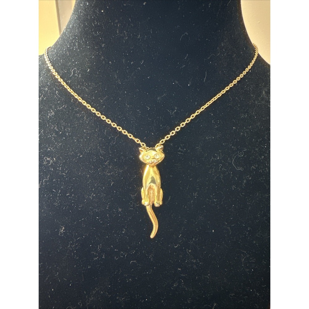 Vintage Cat Pendant Necklace With‎ Rhinetone Eyes And Tail That Moves